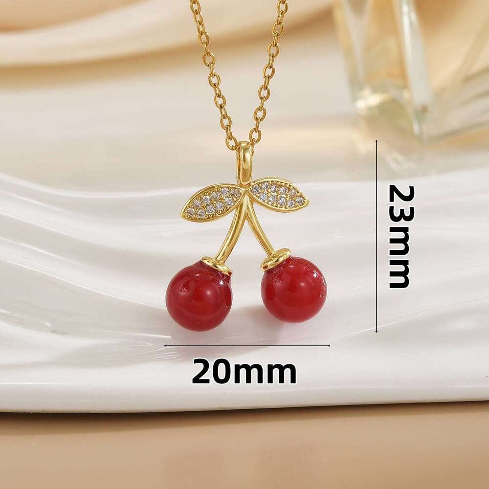 Korean And Japanese Style Trendy Red Cherry Pendant Necklace For Women 2024 Winter Light Niche Clavicle Chain Accessory 963