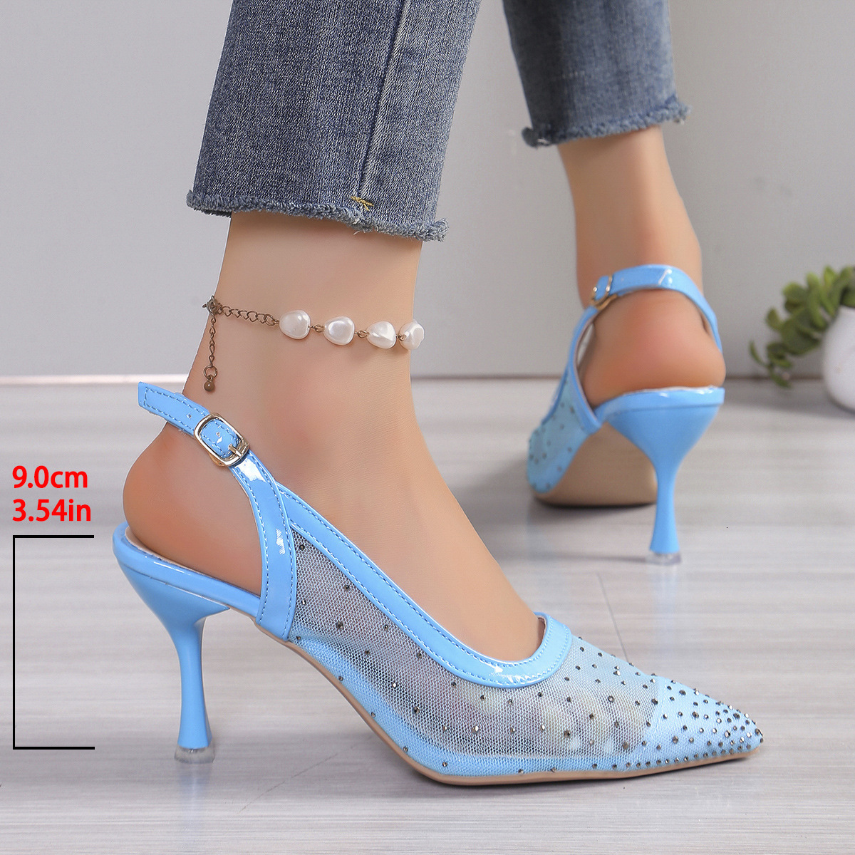 Designer sandals Pointed Toe Sandals 2025 Summer New Rhinestone Mesh Backless Thin Heel High Heels for Women