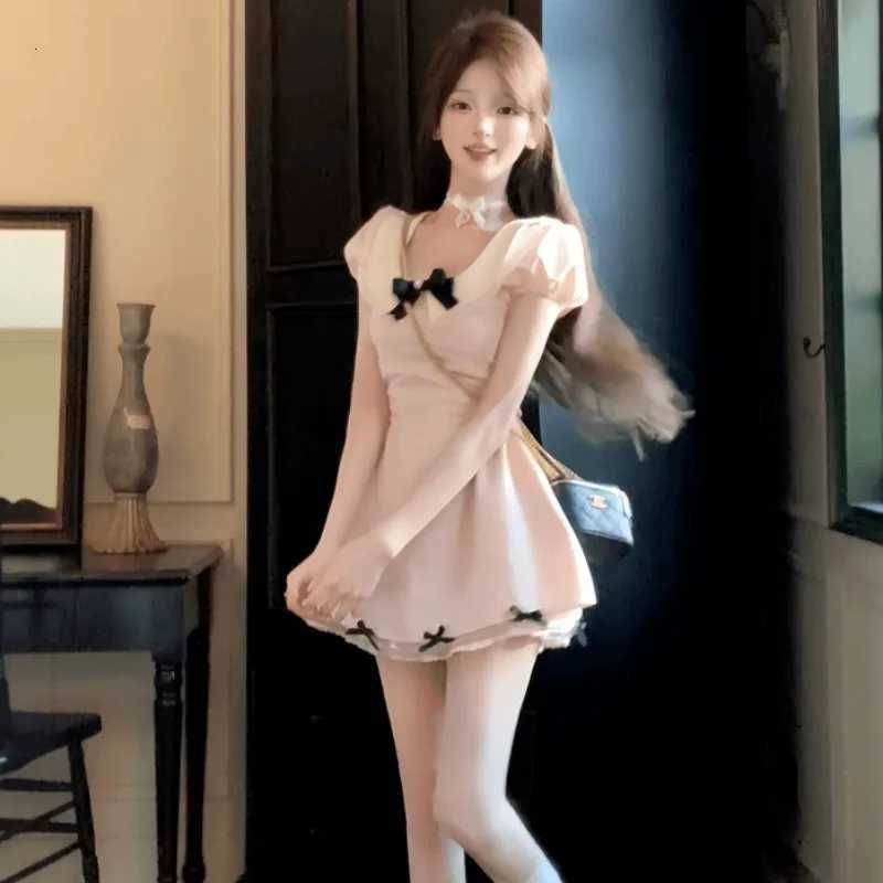 2025 Summer Women New Gentle Lace Sweet Fresh Slimming Temperament Bow A-line Short Dresses R250716