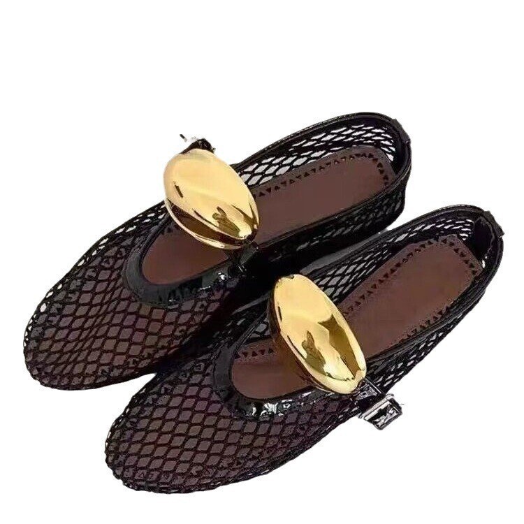 Luxury Brand Designer Shoes Temu New Large Size Women's Shoes Mesh Ballet Flats With Buckle Patent Leather Trim Comfortable Breathable Hollow Design