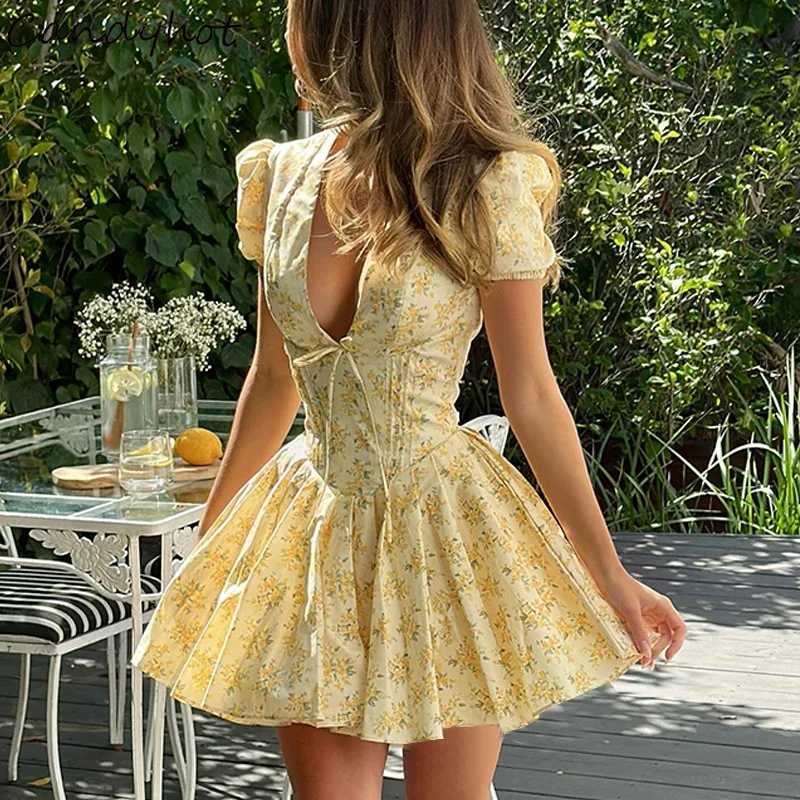 Candyhot Elegant Retro Print Y2K Casual Dress Summer Short Sleeve V-neck Evening Dress High Street Club Ruffled Aesthetic Dress R250716