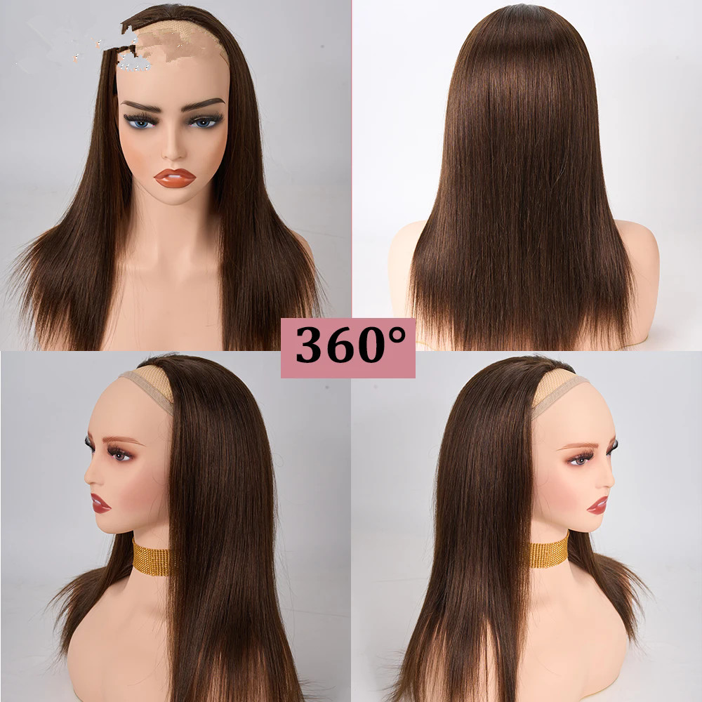3/4 Half Wig Human Hair With Clip in Hair weave wig glueless Silky Straight wavy Remy Hair Brown Color Soft 150% density For Women