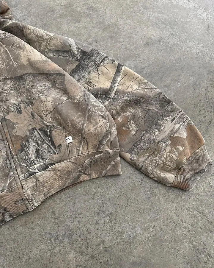 Camo Zip Hoodie Y2K Clothes Mens Hip Hop Retro Leaves Graphic Oversized Sweatshirt Gothic Casual Jacket 250709