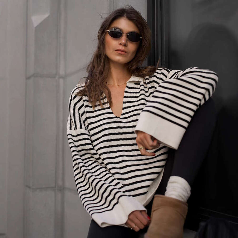 Black Sweater Autumn Winter New Turn-Down Collar Striped Long Sleeve Loose Pullover Knitwear For Women B5