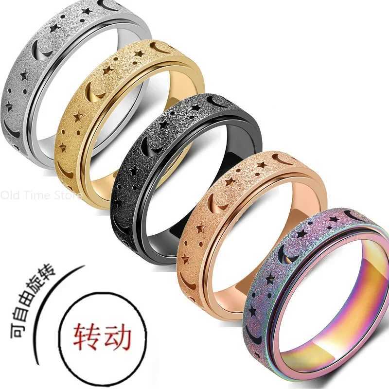 Stainless Steel Ring Fashion Simple Hollow Frosted Star Moon Ring Rotatable Decompression Ring S250716