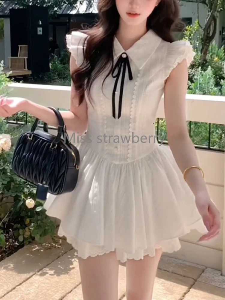 Summer France Elegant Lapel Slim White Dress Women Design Sweet Lace Bow Preppy Style Dresses Fashion Thin New Short Dresses R250716