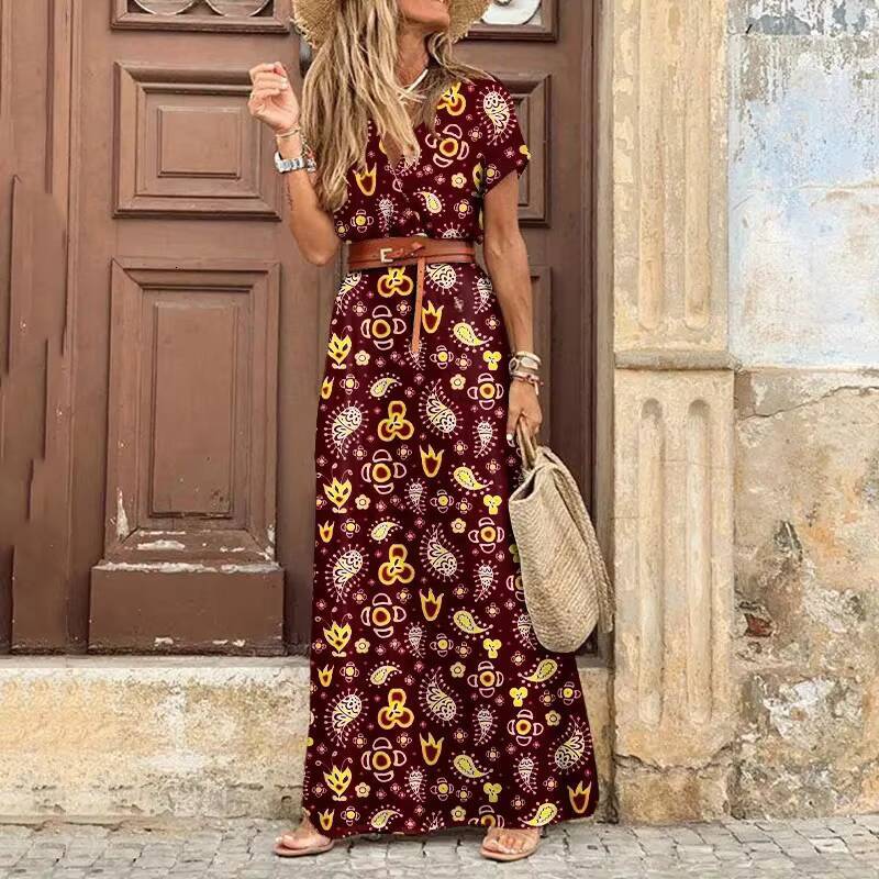 2024 Independent Station Hot Sale WISH Fashionable Bohemian Style V-Neck Floral Dress European And American Market Trend dongdumaoyi