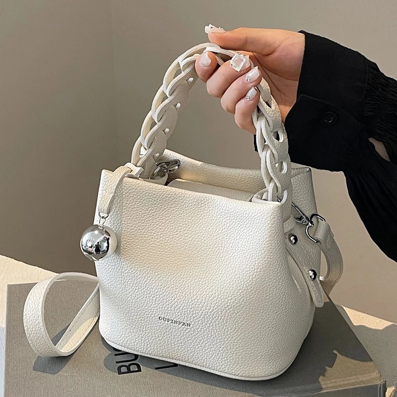 Fashion Weaving Handheld Bucket Bag Korean Soft Leather Litchi Pattern Handbags Large Capacity One Shoulder Crossbody Bags 250714