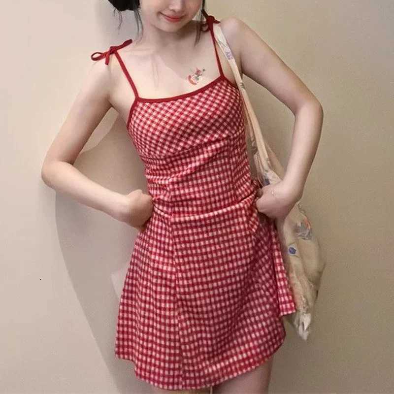 Summer Girls Sweet Red Plaid Slip Dress Lady Korean Designer Bowknots Slim Fit Skirts Female Beach Vacation A-line Short Dress R250716