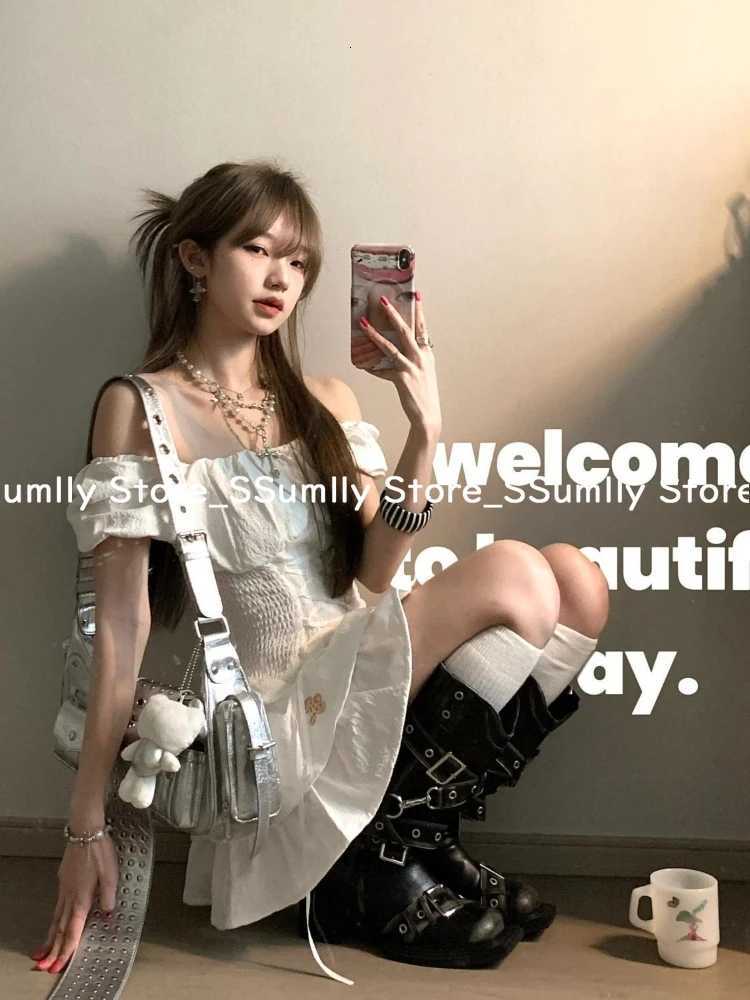 Korean Fashion Design Sense White Dress Women Solid Y2k Puff Sleeve One Piece Dress Party Summer New Elegant Slim Princess Dress R250716