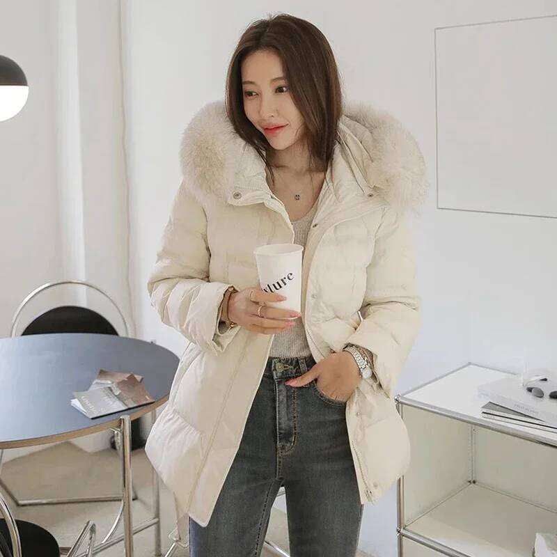 Hooded Detachable Fur Collar Abrigos Invierno Lace Up Tunic 2025 Woman Outerwears Long Sleeve Parkas Korean Style Jacket Coats