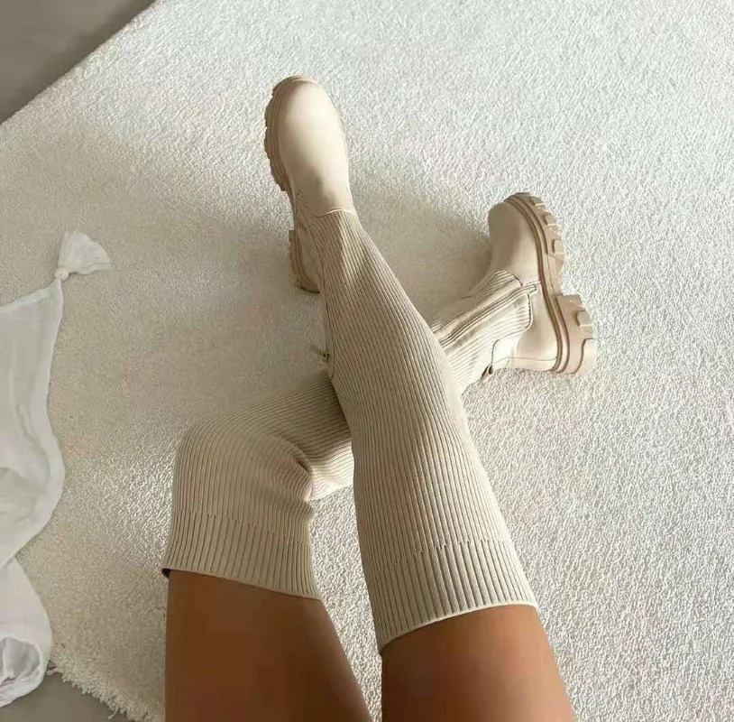 Women Thick Sole Boots Autumn Winter Breathable Knitting Sock Ladies Thigh High Boots Stretch Round Toe Shoes Plus Size 43 250716