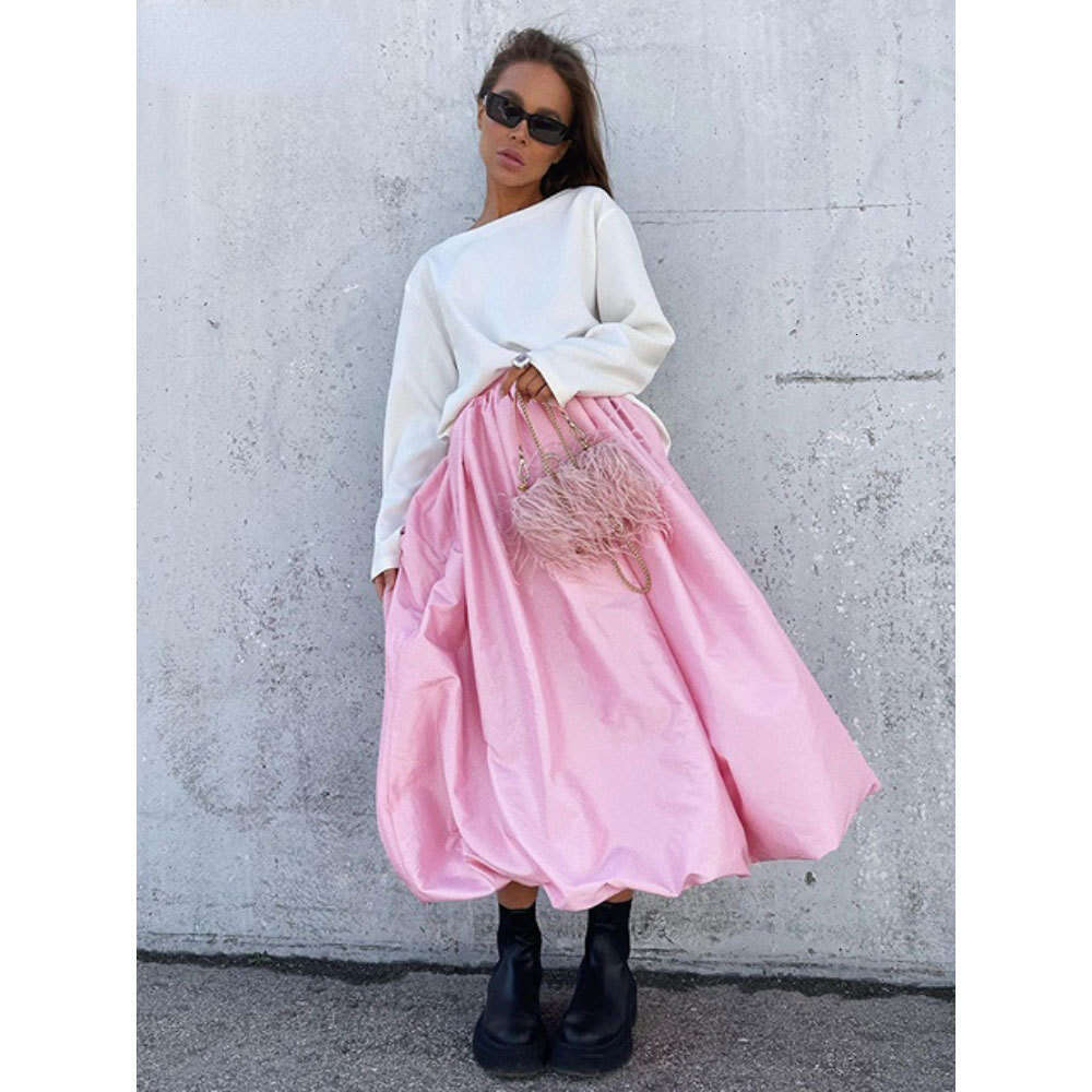 Bright Color Midi Spring Summer Ins Fashion Trend Party High Waist Balloon Flower Bud Skirt B5