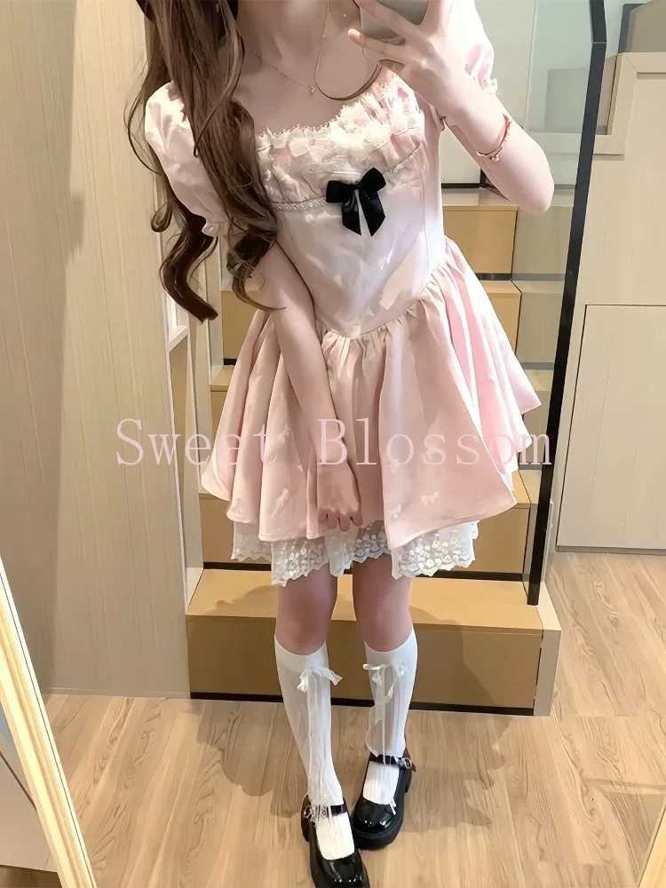 Korean Sweet Pink Bow Bubble Sleeve Dress Women New Fashion Fit Chic Party Fairy Fluffy Dresses Summer Harajuku Y2k Slim Clothes R250716