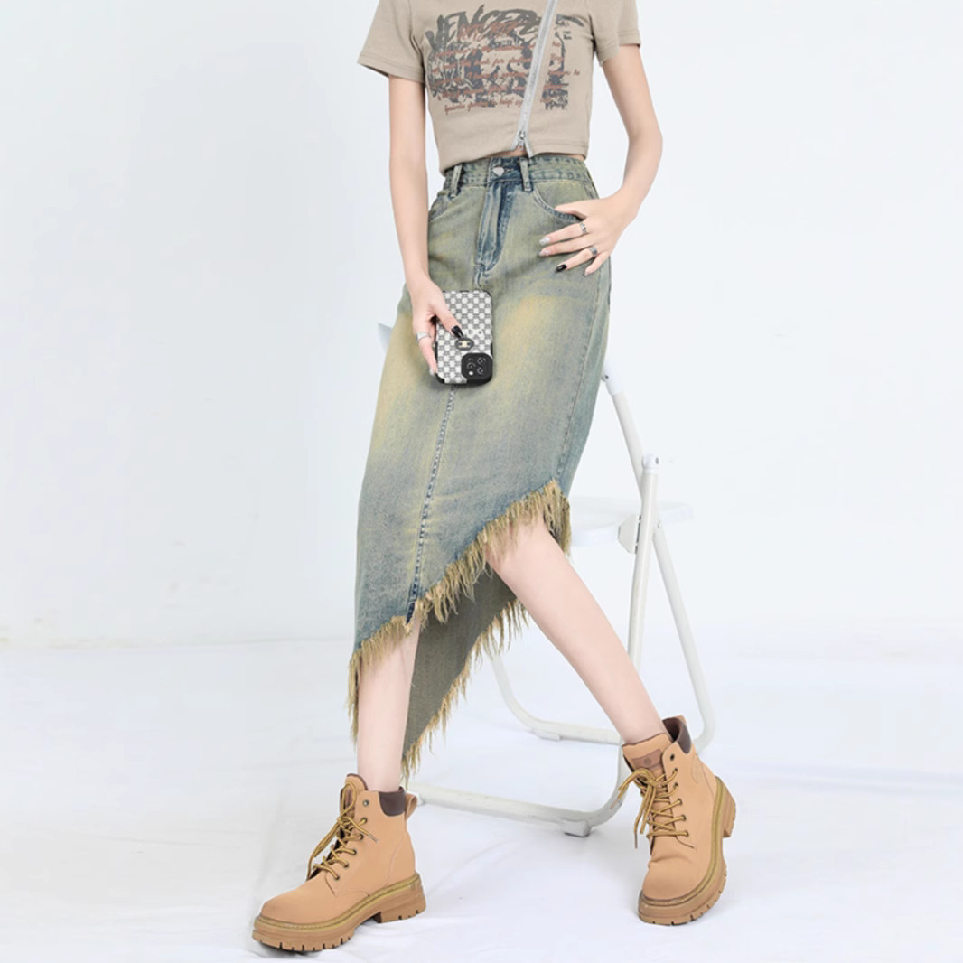 2025 Vintage High Waist A-Line Denim Skirt Women's Summer Irregular Design Long Petite Tassel