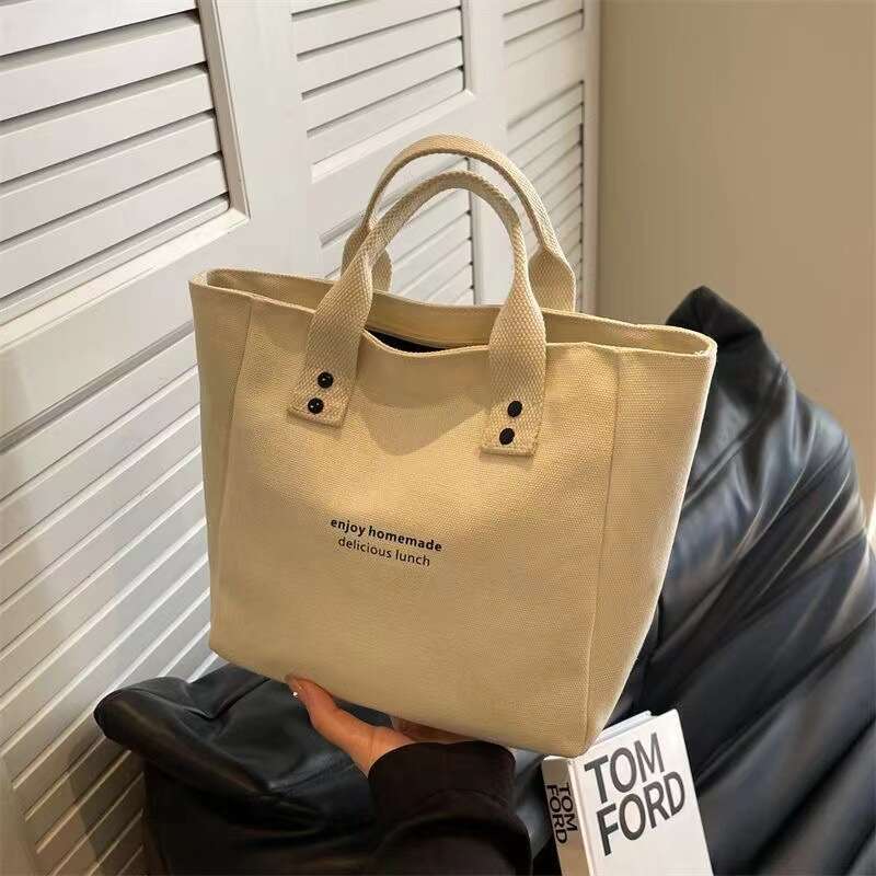 New Canvas Solid Tote Japanese Style Office Worker Simple Lunch Box Color Block Shoulder Bag