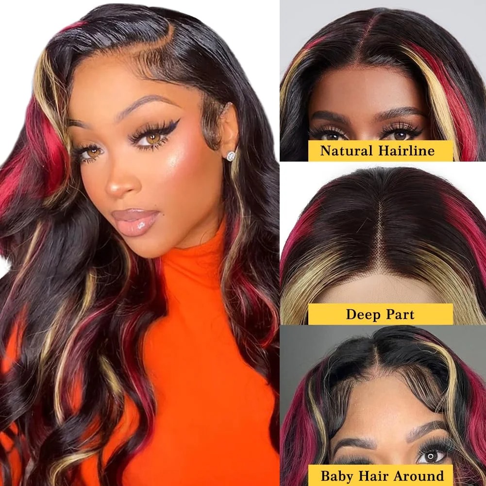 Black Red Blonde Highlights Lace Front Wig 13x4 HD Body Wave Wig Lace Front Wigs Highlight Wigs Pre Plucked with Baby Hair Synthetic Lace Frontal Wig