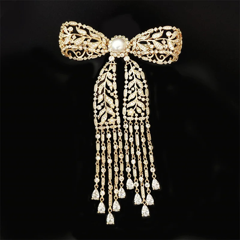 Elegant Hollow Out Tassel Bow Knot Brooch Shiny Zircon Freshwater Pearl Exquisite Zircon Bowknot Broochpins Womens Corsage 250712