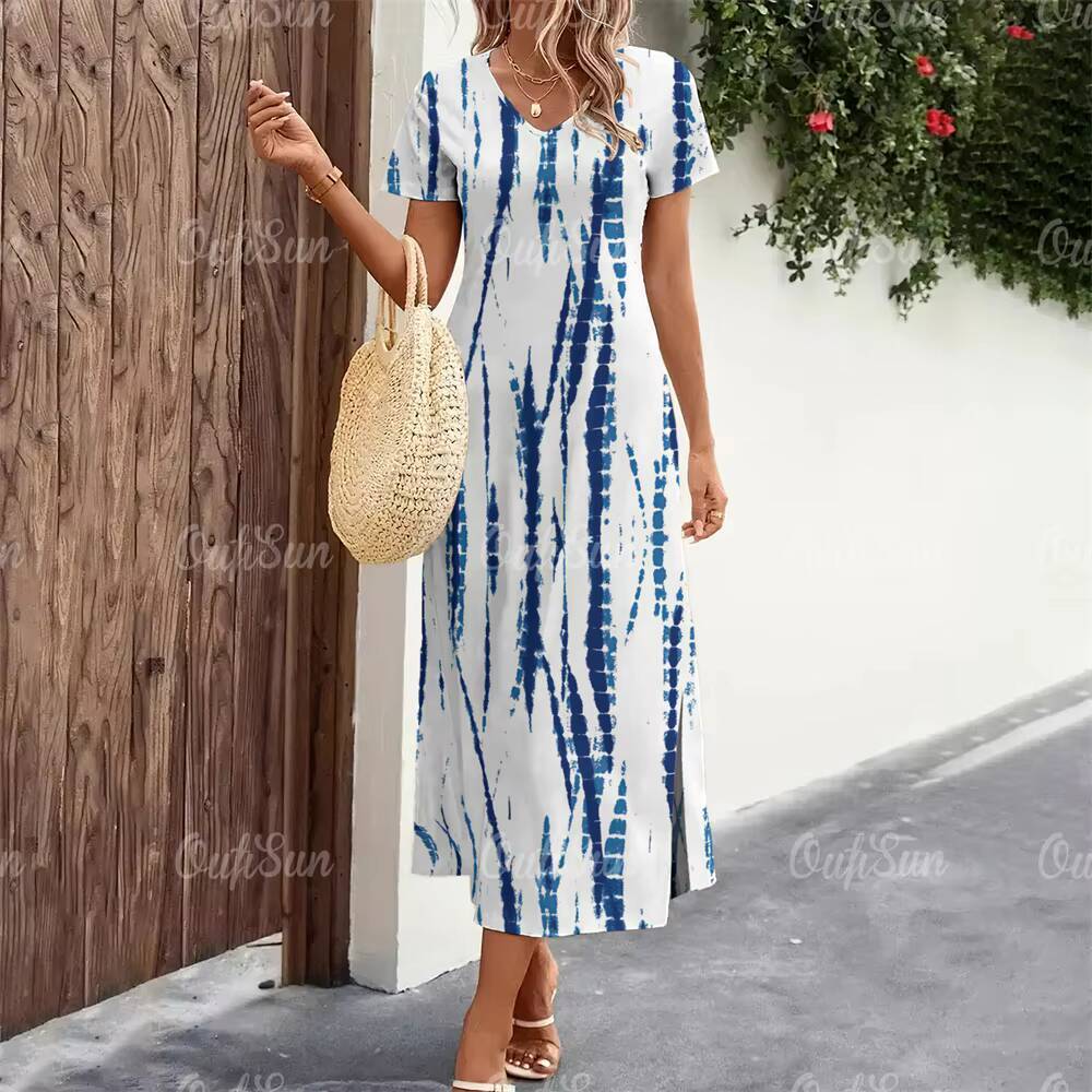 2024 New Womens Striped Print Summer Elegant Midi Dresses Vacation Feamle Short Sleeve Dress Fashion Oversized Clothes dongdumaoyi