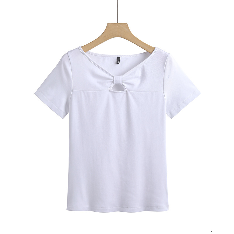 Summer New Women S T Shirt Hollow Chest Bow Sweet Korean Style Slim Fit Cotton Short Sleeve Women S T Shirt Fashion Regular Shoulder Half Sleeve Top N