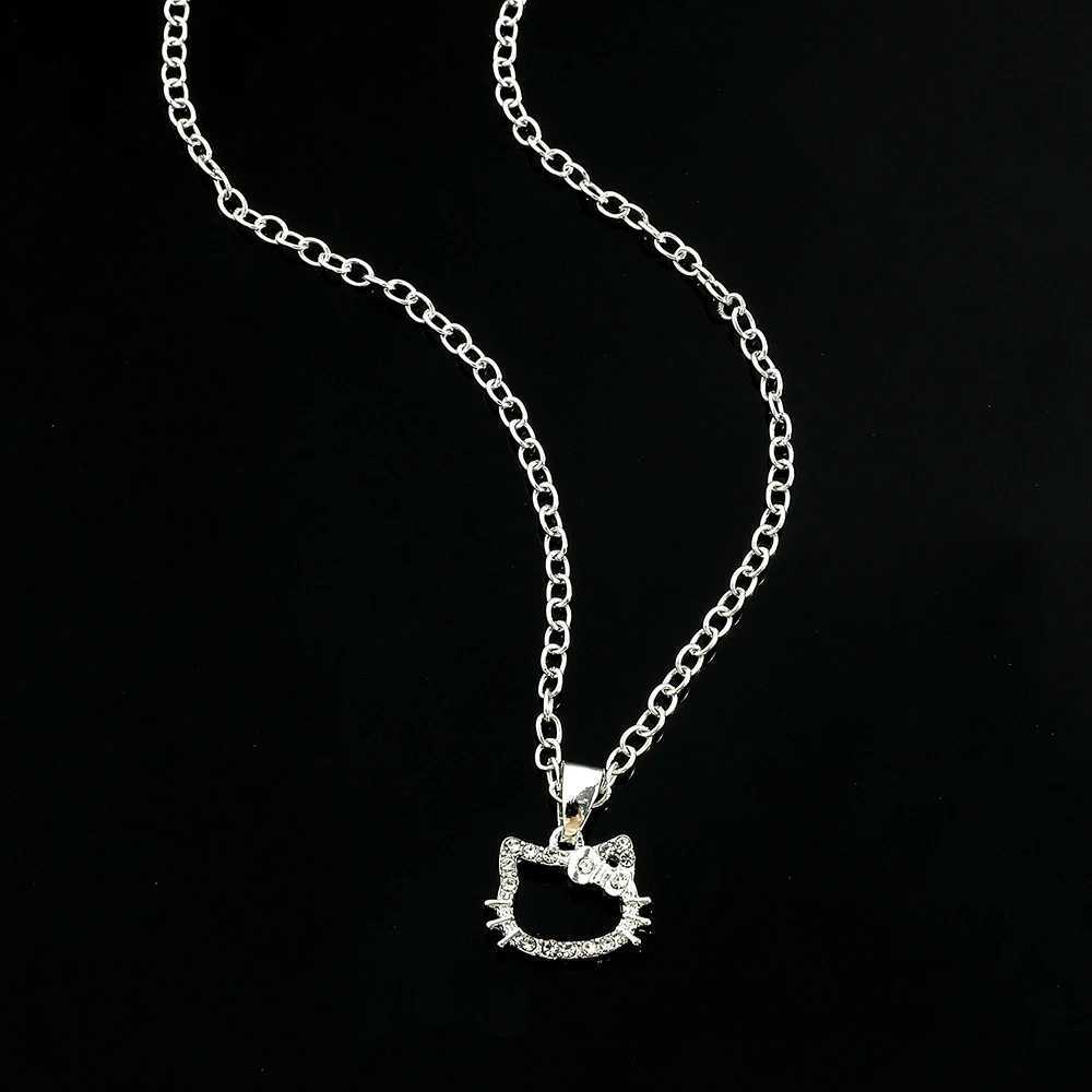 Sanrio Hello Kitty Anime Crystal Pendant Necklace Silver Color Clavicle Chain Girl Charms Jewelry Perfect Birthday Giftw250716
