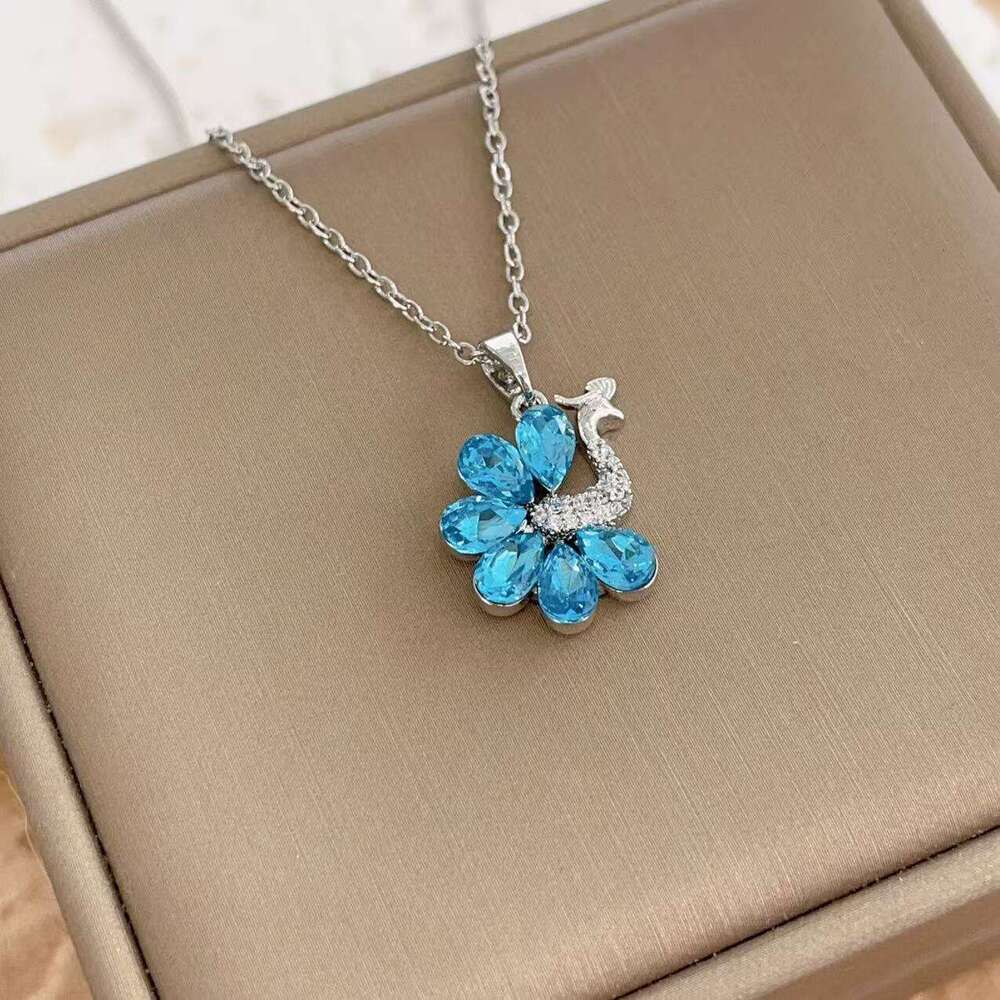New Design Blue Crystal Pea Pendant Titanium Steel Necklace Female Copper Gold Plated Micro Inlaid Zirconia Jewelry 26A