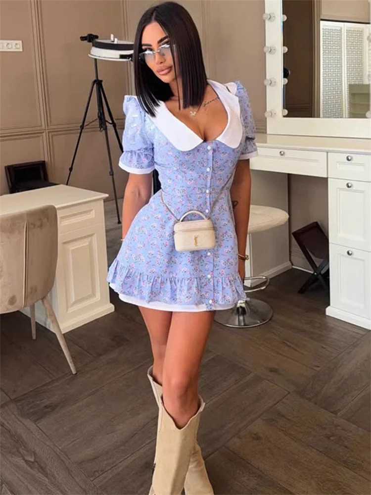 Tossy Printed Casual Lapel Mini Dress Womens Ruffled Slim Cardigan Commute Short Sleeve Contrast Dress Female Bodycon Dress New R250716