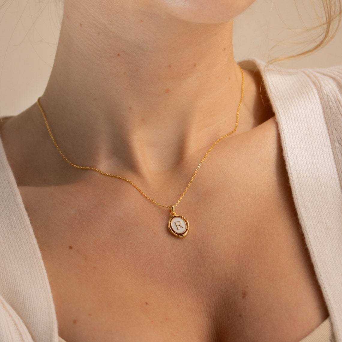 Stainless Steel Oval White Oil Drop Necklace Accessories for Women Summer A--Z Hexagonal Letter Pendant Jewelry