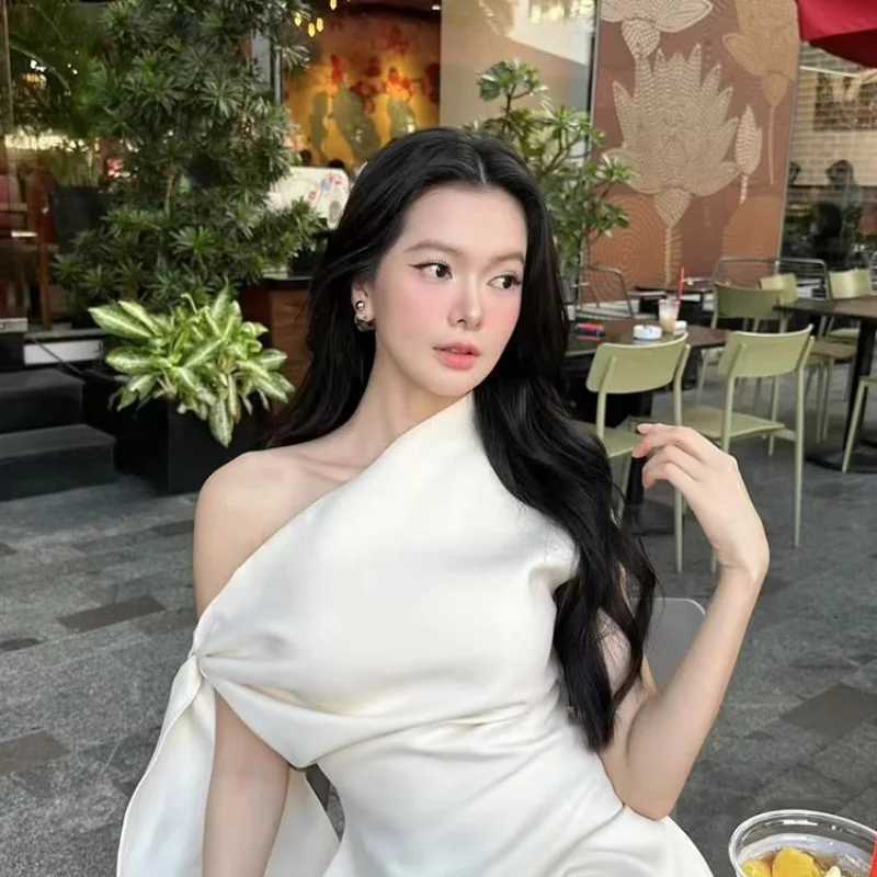 Sexy Sleeveless One Shoulder Mini Dress Lace Up Slimming High Waist Solid Mini Dresses Summer New Elegant Lady Party Clothing R250716