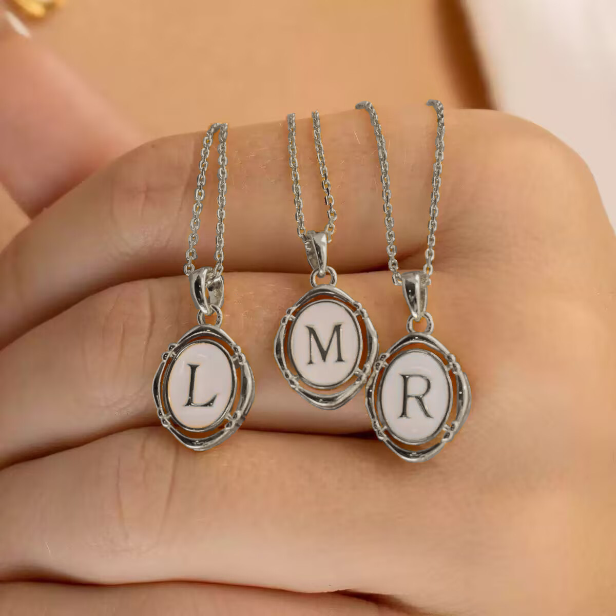 Stainless Steel Oval White Oil Drop Necklace Accessories for Women Summer A--Z Hexagonal Letter Pendant Jewelry