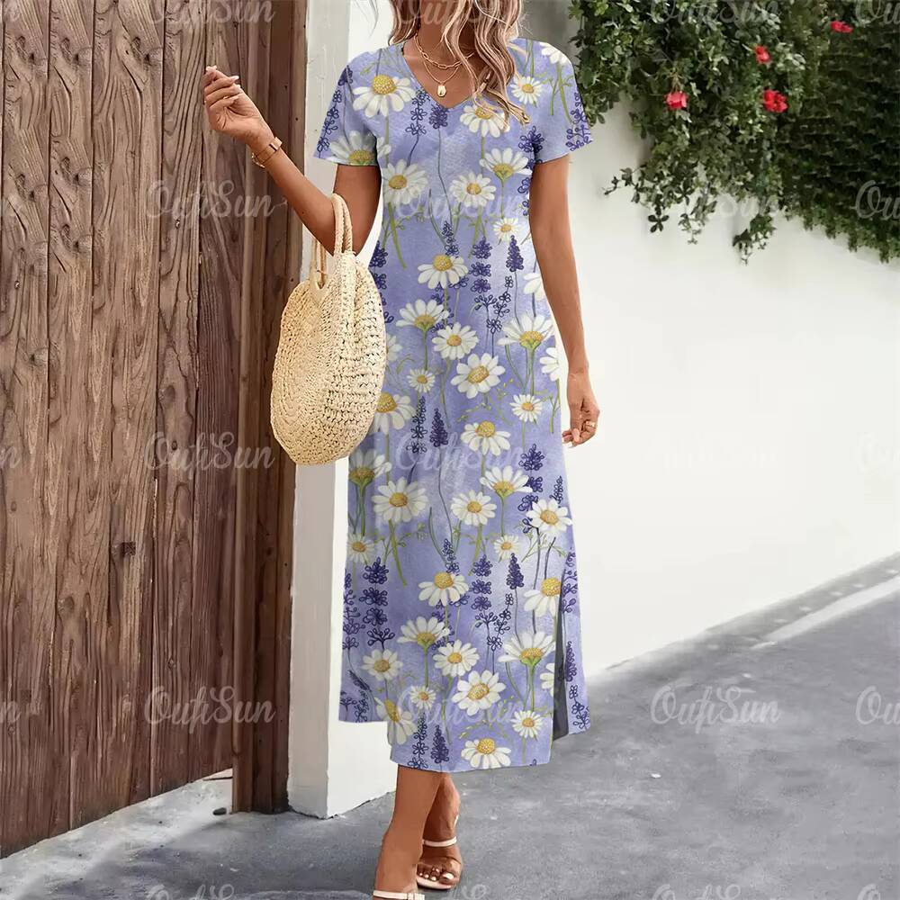 2024 New Womens Floral Print Summer Elegant Midi Dresses Vacation Feamle Dress Fashion Oversized Clothes Plus Size dongdumaoyi
