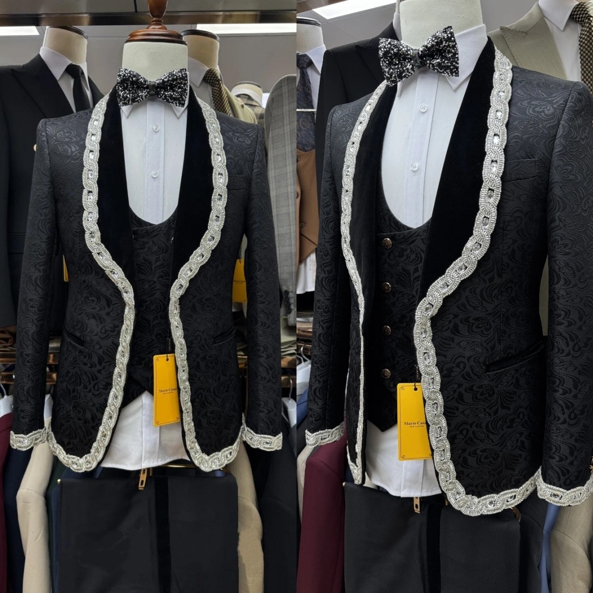 Elegant Men Suits Tailor-Made 3 Pieces Shawl Lapel Jacket Beading Blazer Jacquard One Button Groom Customized Coat Vest Pants Plus Size