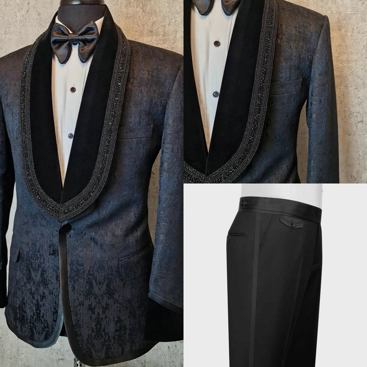 Exquisite Beaded Wedding Tuxedos Black 2 Pieces Jacket Pants Shawl Lapel Men Suits Handsome Jacquard Groom Blazers Customized