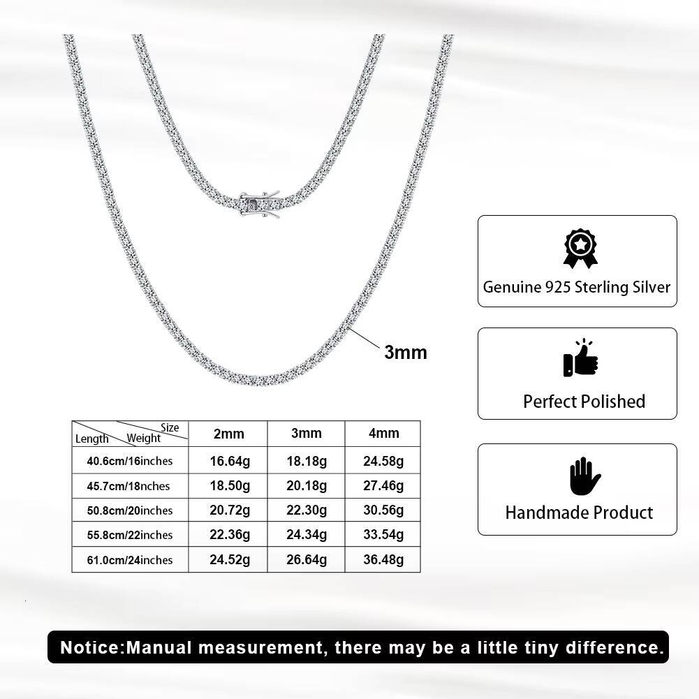 Rinntin MON01 Premium Iced Hip Hop Moissanite Necklace 925 Sterling Silver Iced Cut 2mm 3mm 4mm Moissanite Tennis Chain Necklace