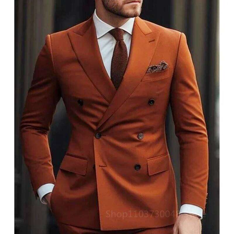 Solid 2 Pieces Men Set Fashion New Men's Formal Business/Wedding Groom Suits Peak Lapel Double Breasted Blazer Trousers