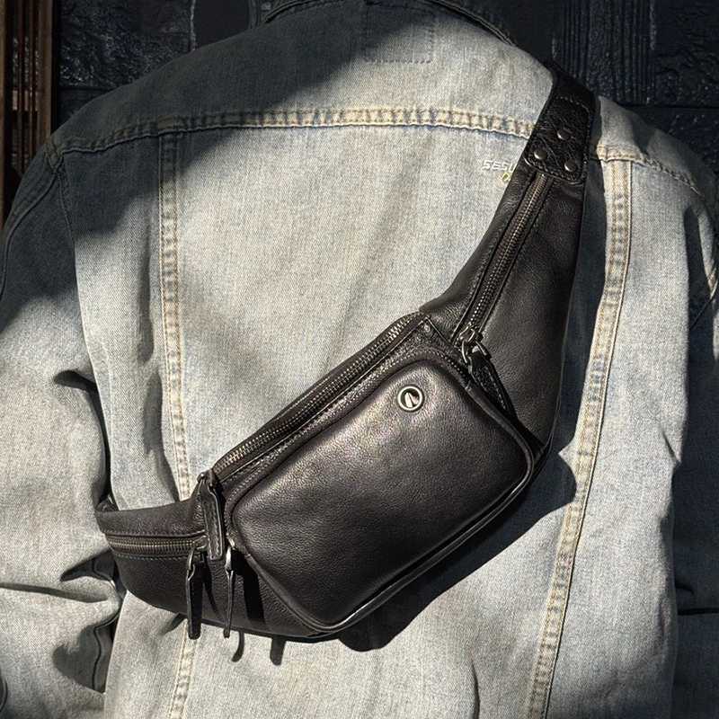 Leather bag with vegetable tanned cowhide multi-functional casual waist bag vintage bag.