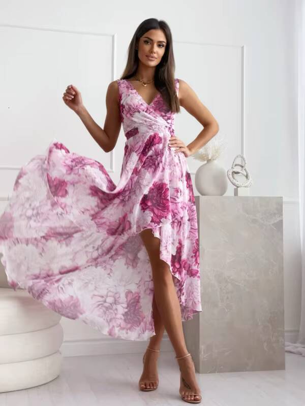 Womens Clothing Spring and Summer New Fashion Lady V-neck Pullover Ruffled Sleeveless Printed Dress dongdumaoyi