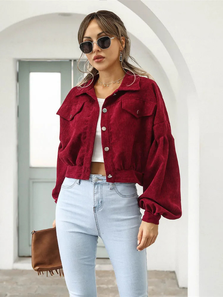 Corduroy Short Jacket Women Loose Tops Spring Autumn Turndown Collar Lantern Sleeve Casual Coat Lady Streetwear Outerwear 250715