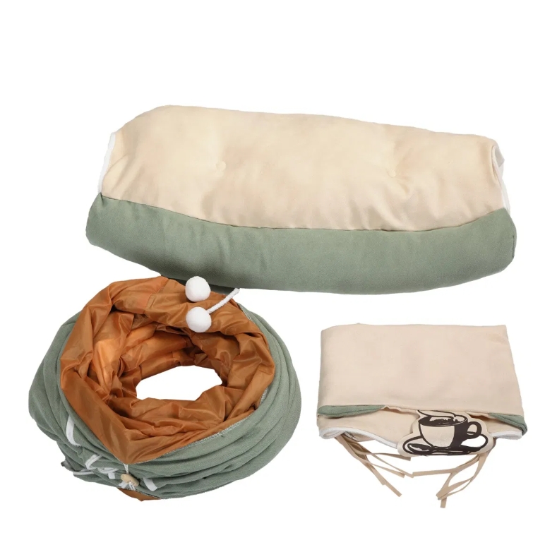 Cat's Telescopic Tunnel Cushioned Bed Pet Nest Teasing Balls Zipper Connection Feline Supplies Bright Green