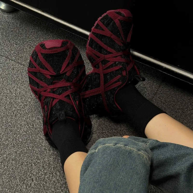 Fashion Bling Crystal Chunky Shoes for Women Luxury Rhinestones Designer Shoes Women Wrap Shoelaces Thick Bottom Dad Shoes M250716 - view 5