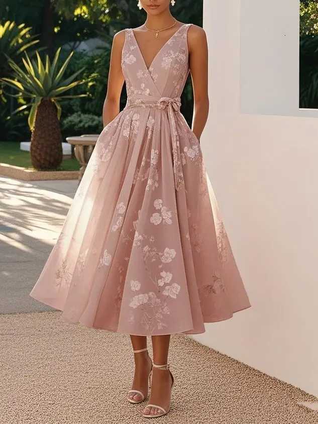 Stylish Temperament Printed Dress Elegant V-neck Mesh Sleeveless Waist Cinched Bow Dress Summer Women Long Dress Formal Dress R250716