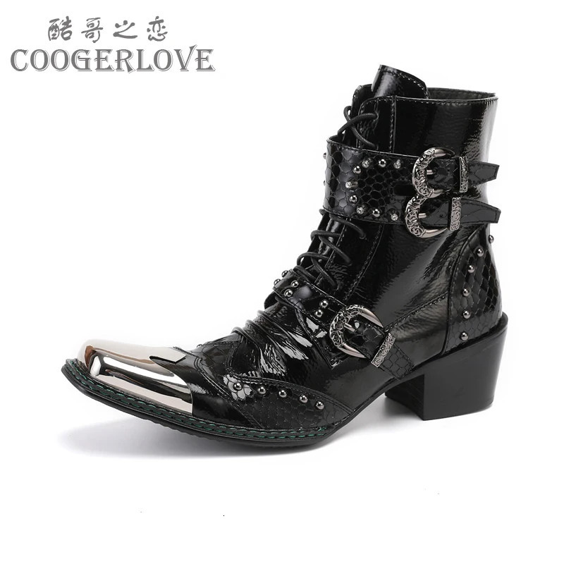 Spring Man Metal Fangtou Belt High-heeled Short boots Western Cowboy Boots Cowhide Serpentine Printing Stage show Party boots 250715