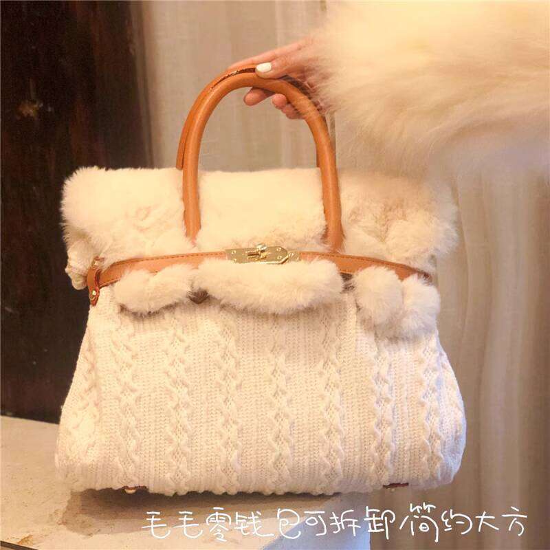 Autumn/Winter Fluffy Womens Wool Knit Handbag with Adorable Rabbit Fur Detail