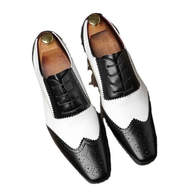 Luxury Designer Male Pointed White Black Mix Patchwork Brogues Oxford Shoes Mens Formal Wedding Dress Homecoming Mens Shoes Y250715