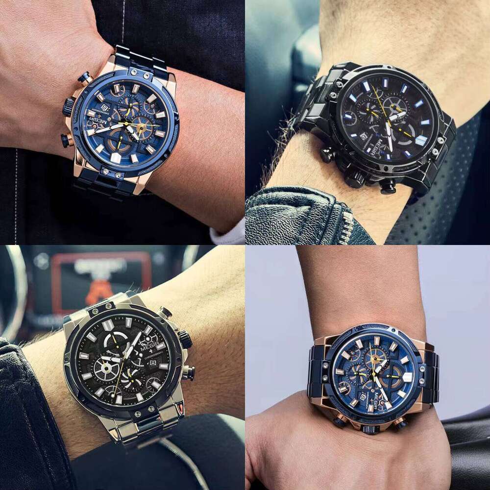 MEGIR 2108 Mens Quartz Watch Black Stainless Steel Band Chronograph Calendar Luminous Hands Waterproof Casual Simple Style