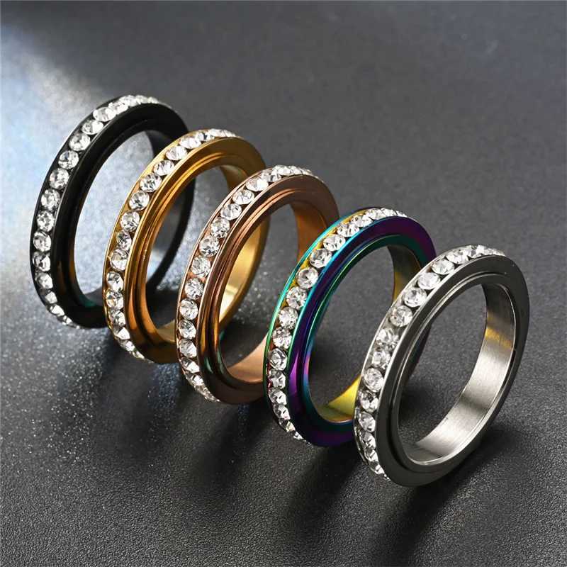 Stainless Steel Cubic Zirconia Rotatable Chain Couple Rings Anti Stress Anxiety Fidget Spinner Ring Wedding Band Knuckle Jewelry S250716