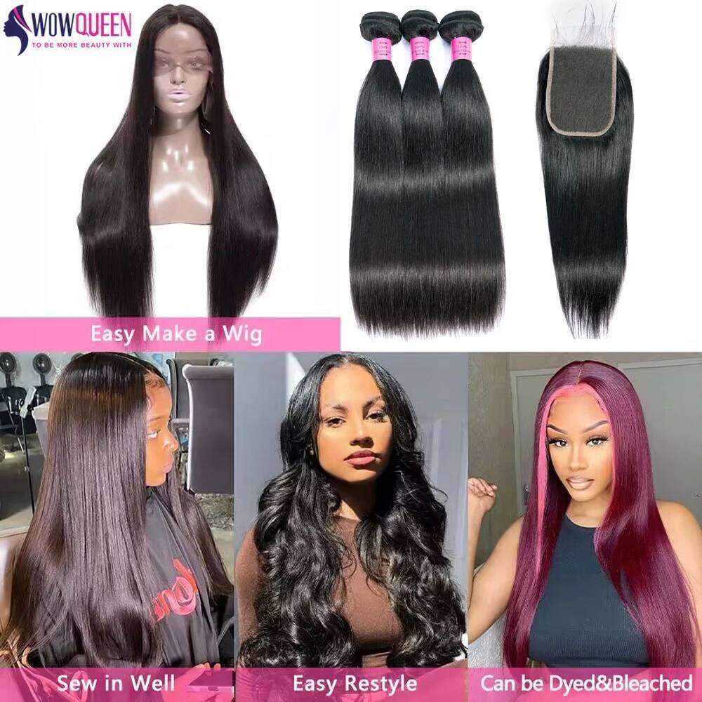 Straight Human Closure 2X6 4X4 Raw Brazilian Hair Extensions Weave 3 4 Bundles With 13X4 Transparent Frontal