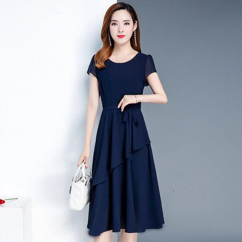 2025 Summer High-End Waist-Cinching Slimming Age-Reducing Slim Fit Elegant Mid-Length A-Line Round Neck Plus Size Loose Women's Dress