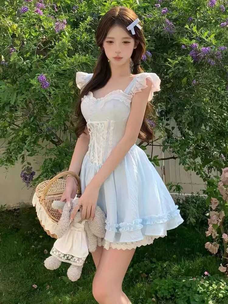 Summer Sweet Fairy Slim Blue Dress Fashion Design Lace Sling Thin Dresses Girl Elegant Chic Square Neck A-line New Outfits 2025 R250716