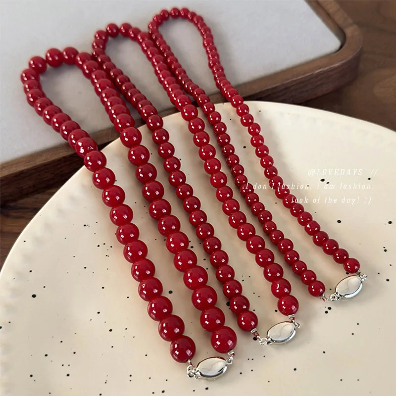 Red Round Glass Bead Necklace Retro Style Chain Simple Accessories 250712